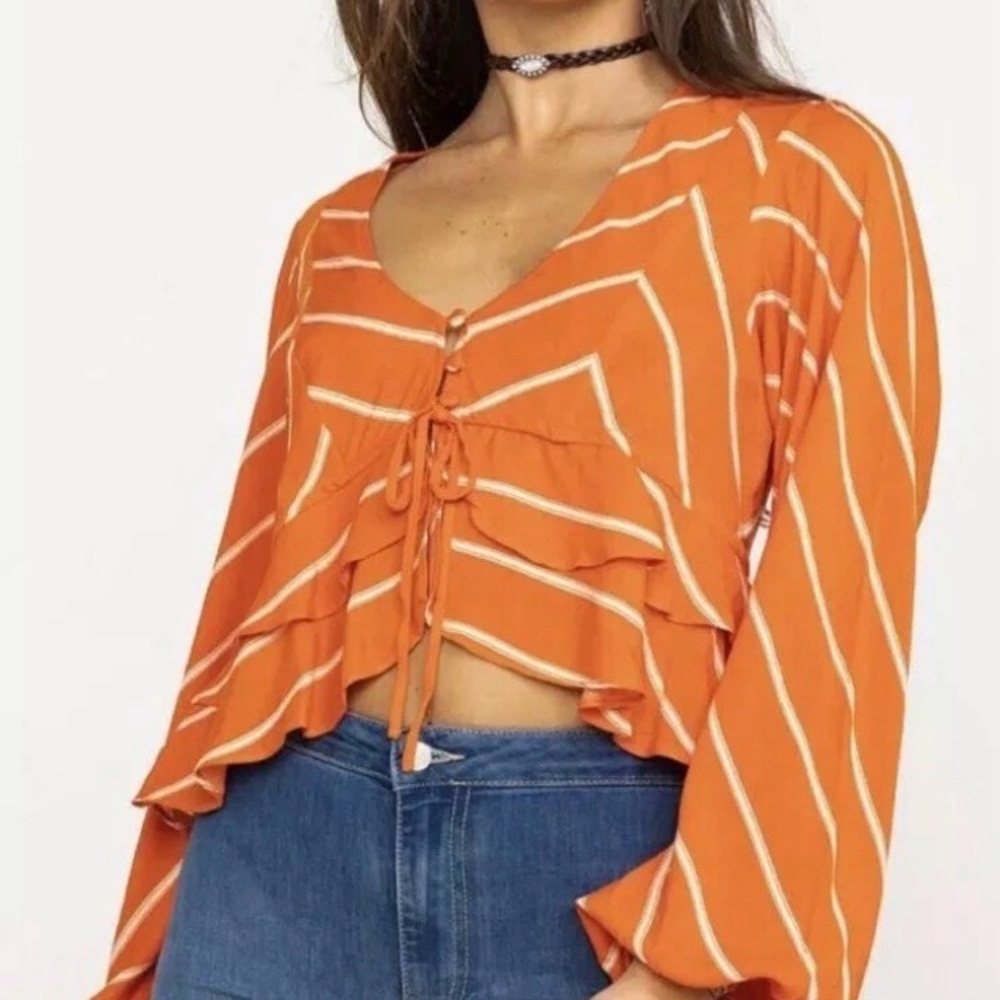 Free People Samifran double Ruffle Hem Button Down Tangerine Striped Blouse M